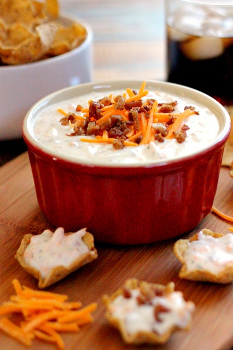 This Cheddar Bacon Ranch Dip recipe is loaded with cheese, bacon, Ranch, and sour cream. | Ideahacks.com