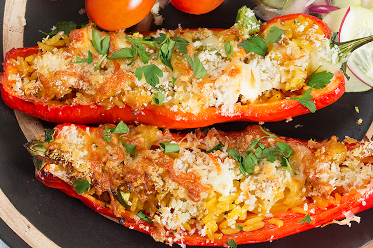 Greek-ish Stuffed Peppers - A great vegetarian make-ahead meal that even the meat-eaters will love! Ideahacks.com