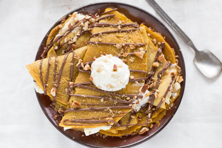 Nutella-Covered Pumpkin Crepes - Try this savory and sweet crepe recipe that can be both a breakfast and dessert. | Ideahacks.com