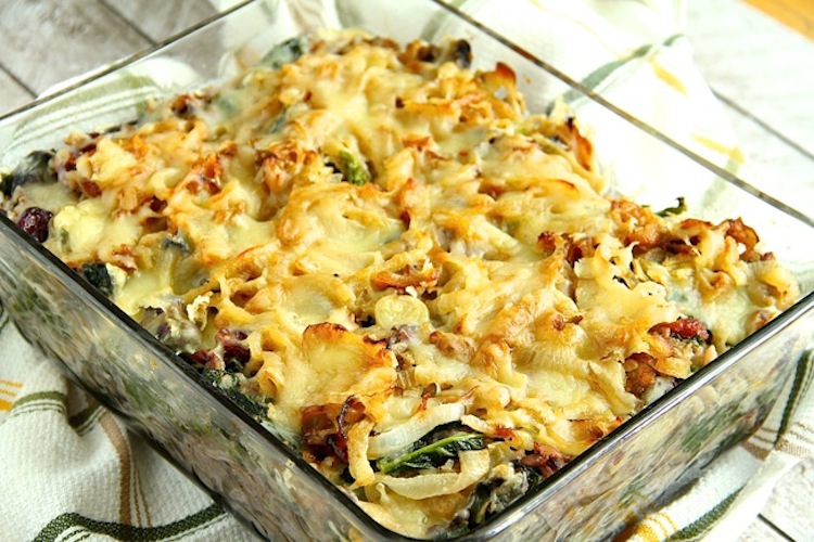 A casserole recipe with spinach, shitake mushrooms, dried cranberries, caramelized onions, and gruyere cheese. | Ideahacks.com