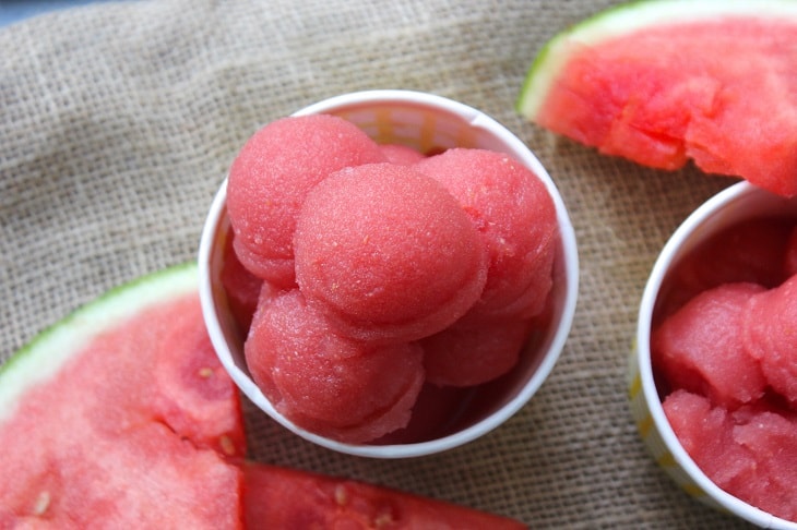watermelon raspberry sorbet and cut pieces of watermelon