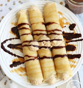 Salted Caramel Crepes with Biscoff Cheesecake Filling and Caramel Sauce