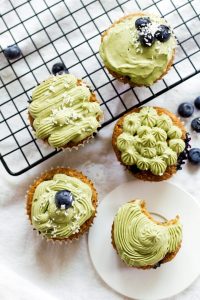 Matcha Frosted Blueberry Muffins