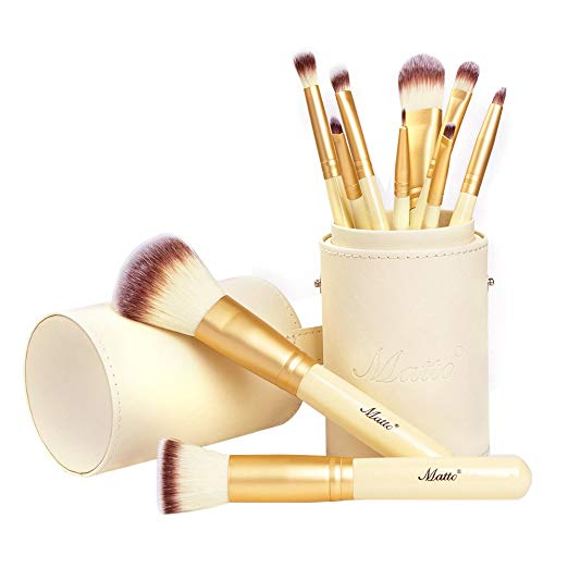 Matto Makeup Brushes 10-Piece Golden Makeup Brush Set with Foundation Powder Mineral Eye Face Make Up Brushes Holder